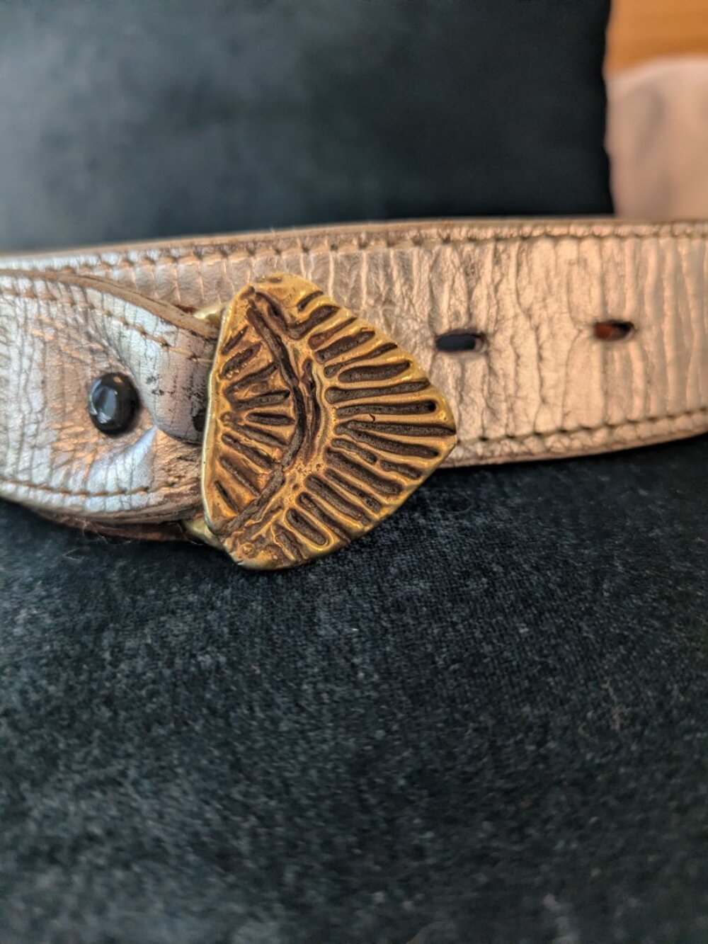 Brutalist Brass Buckle on Flying Leather Silver Belt S 28.